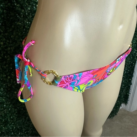 TRINA TURK Bright Floral Triangle Halter Gold Ring Bikini Top and Bottom Size 8 - Picture 5 of 16